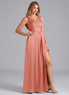 Azazie Karina Bridesmaid Dresses Coral A-Line Pleated Stretch Satin Dress image5