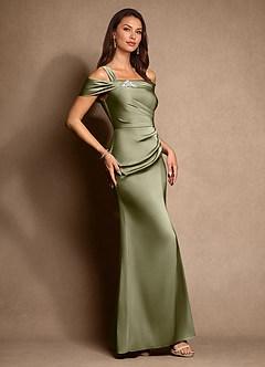 Azazie Altonia Mother of the Bride Dresses Pistachio Mermaid Off the Shoulder Stretch Satin Dress image2