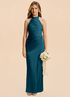 Azazie Jemma Junior Ink Blue Sheath Ruched Stretch Satin Dress image1
