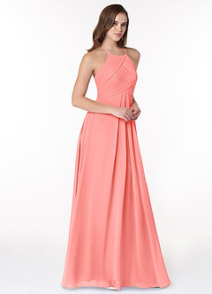 Azazie Ginger Bridesmaid Dresses Coral A-Line Halter Pleated Chiffon Dress image1