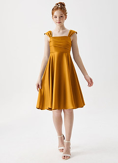 Azazie Amira Junior Butterscotch A-Line Pleated Stretch Satin Dress image1
