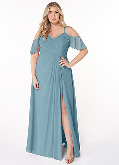Azazie Dakota Abiti da Damigella Abito A-Line in Chiffon con Scollo a V a Pieghe Blu Lunatico image12