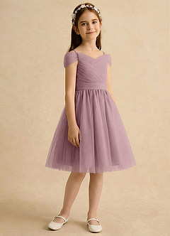Azazie Lila Girls Formal Flower Girl Dresses Dusty Rose A-Line Off the Shoulder Tulle Dress image5
