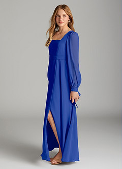 Azazie Leonia Junior Vestido de Azul Real de Gasa de Corte en A con Con bolsillos image3