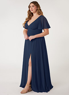Azazie Kimber Robes de demoiselle d'honneur Robe Trapèze en Mousseline de soie Manches à volants Bleu Marine Foncé image6