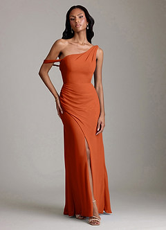 Azazie Madelyn Robes de demoiselle d'honneur Robe Sirène Convertible en Mousseline de soie Asymétrique Orange Brûlée image1