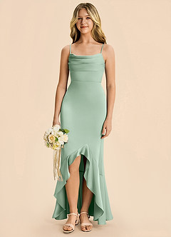 Azazie Magnolia Junior Agave Sheath Ruched Stretch Satin Dress image3
