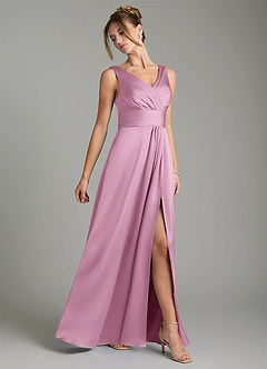 Azazie Karina Bridesmaid Dresses Candy Pink A-Line Pleated Stretch Satin Dress image4