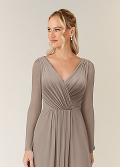 Azazie Teraso Mother of the Bride Dresses Taupe A-Line Pleated Mesh Dress image4