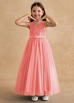 Azazie Cinna Flower Girl Dresses Coral A-Line Lace Tulle Dress image5