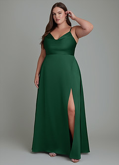 Azazie Sarella Vestidos de damas de honor Vestido Verde Oscuro de Satén Elástico de Línea A con Plisado image6