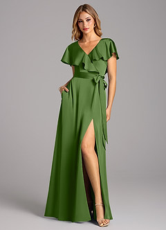 Azazie Lainey At-home Try On Dresses Eucalyptus A-Line with Pockets Stretch Satin Dress image3