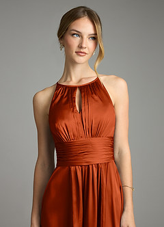 Azazie Bonnie Bridesmaid Dresses Paprika A-Line Pleated Stretch Satin Dress image2