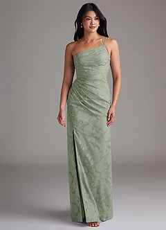 Azazie Eren Bridesmaid Dresses Agave Sheath One Shoulder Floral Burnout Dress image4