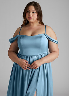 Azazie Morana Bridesmaid Dresses Steel Blue A-Line Off the Shoulder Stretch Satin Convertible Dress image15