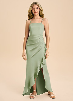 Azazie Buzzy Junior Dusty Sage Sheath Pleated Stretch Satin Dress image3