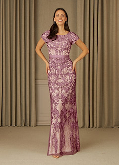 Azazie Dorit Mother of the Bride Dresses Vintage Mauve Champagne Sheath Scoop Lace Dress image1