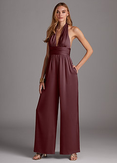 Azazie Oli Jurken voor bruidsmeisjes Jumpsuit van Stretch Satijn Geplooid Sangria image4