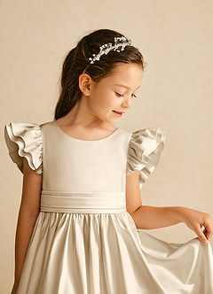 Azazie Piglette Flower Girl Dresses Champagne A-Line Bow Matte Satin Dress image3