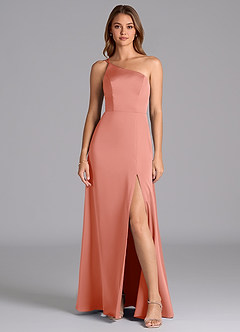 Azazie Trina Bridesmaid Dresses Coral A-Line One Shoulder Stretch Satin Dress image3