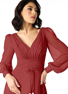 Azazie Sage Final Sale Cabernet A-Line Long Sleeve Chiffon Dress image4