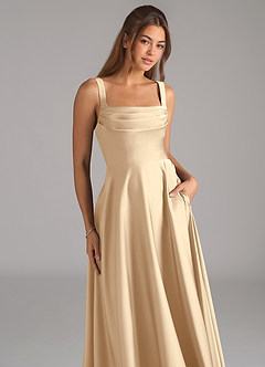 Azazie Shaude Bridesmaid Dresses Champagne A-Line Pleated Stretch Satin Dress image2