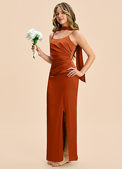 Azazie Calandra Junior Burnt Orange Sheath Pleated Stretch Satin Dress image3