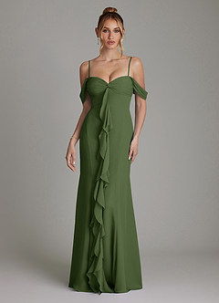 Azazie Karmela Bridesmaid Dresses Olive A-Line Off the Shoulder Chiffon Dress image4
