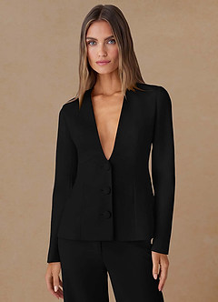 front Elara Black Extreme-Plunge Refined Weave 2-Piece Suit