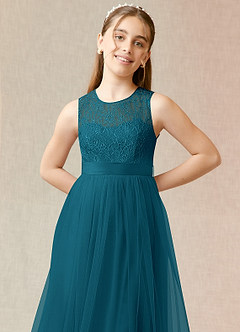 Azazie Georgette Junior Ink Blue A-Line Lace Tulle Dress image5