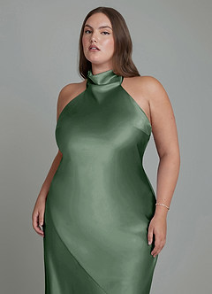 Azazie Velli Vestidos de damas de honor Vestido Eucalipto de Satén Metálico de Corte Recto con Cuello alto image9