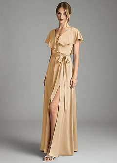 Azazie Lainey Bridesmaid Dresses Gold A-Line with Pockets Stretch Satin Dress image1