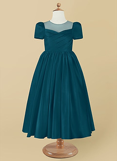 Azazie Anirra Flower Girl Dresses Ink Blue Ball-Gown Pleated Matte Satin Dress image8