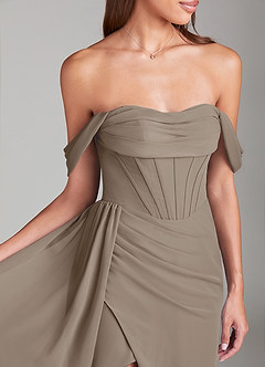 Azazie Amyra Bridesmaid Dresses Taupe Sheath Off the Shoulder Chiffon Convertible Dress image6