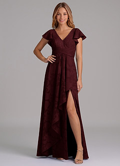 Azazie Omari Bridesmaid Dresses Cabernet A-Line Pleated Floral Burnout Dress image1