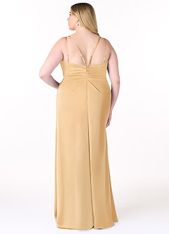 Azazie Aqua Bridesmaid Dresses Gold A-Line V-Neck Pleated Stretch Satin Dress image9