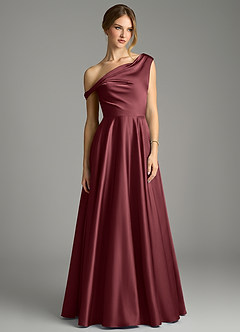 Azazie Xanthe Bridesmaid Dresses Merlot A-Line Off the Shoulder Stretch Satin Dress image3