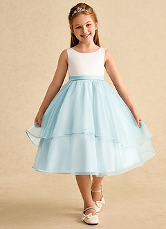 Azazie Rene Blumenmädchenkleider A-Linie Schleifen Tüll Kleid Elfenbein Seeglas Blau image4