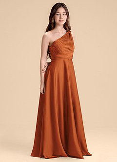 Azazie Charlize Junior Cinnamon A-Line Pleated Stretch Satin Dress image3