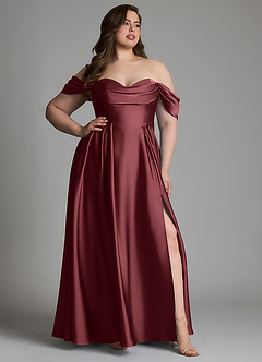 Azazie Loisa Robes de demoiselle d'honneur Robe Trapèze en Satin extensible Épaules dénudées Merlot image13