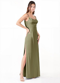 Azazie Alaija Bridesmaid Dresses Pistachio Mermaid Side Slit Stretch Satin Dress image3