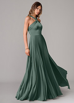 Azazie Afra Vestidos de damas de honor Vestido de Musgo Marino de Satén Elástico de Corte en A con Plisado image3