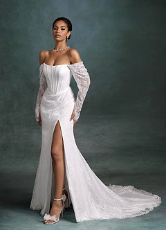 Azazie Zelda Wedding Dresses Diamond White Mermaid Side Slit Lace Dress image1
