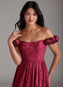 Azazie Autumn Bridesmaid Dresses Burgundy A-Line Off the Shoulder Floral Burnout Convertible Dress image6