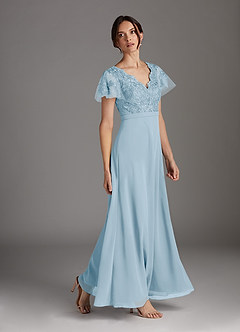 Azazie Singer Mother of the Bride Dresses Sky Blue A-Line V-Neck Lace Chiffon Dress image3