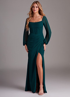Azazie Charissa Bridesmaid Dresses Pine Sheath Long Sleeve Chiffon Dress image1