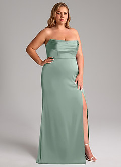 Azazie Saige Bridesmaid Dresses Agave Sheath Off the Shoulder Stretch Satin Dress image17