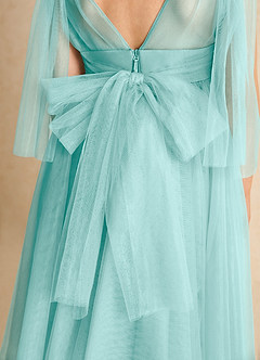 Azazie Dori Robe Demoiselle D'honneur Fillette Robe Trapèze en Tulle Rayé Aqua image7