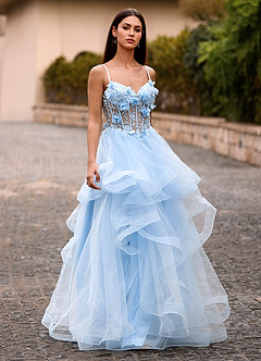 Dreama Bleu Ciel Robe de bal corset en dentelle à volants image4