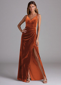 Azazie Leo Vestidos de damas de honor Vestido de Naranja Quemada de terciopelo de Corte Recto con Plisado image3